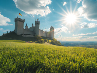 Photograph of Alc&aacute;zar castle in Spain, with flags and sun rays, green grass on the ground, blue sky, wide-angle view, centered composition, professional photography, high quality.