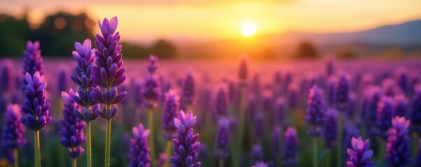 Fototapeta premium vibrant purple lavender flowers in a field with a golden sunset in the background, farm, environment