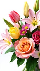 Vibrant mixed flower bouquet on white background with tulips, roses, daisies, and lilies,  white background,  daisies