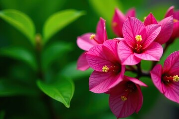 Obraz premium Vibrant pink Bougainvillea flowers in full bloom against a green leafy backdrop, outdoor, petals
