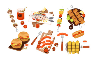 Barbecue grill with meat, vegetables, and sausages. BBQ set. Grilled burgers, hot dogs andd fish. Flat vector illustration for summer picnic, cooking and culinary.