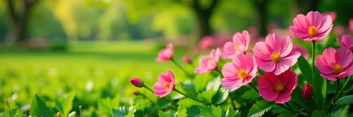 Obraz premium Vibrant spring flowers blooming in a lush green garden, colorful, vibrant