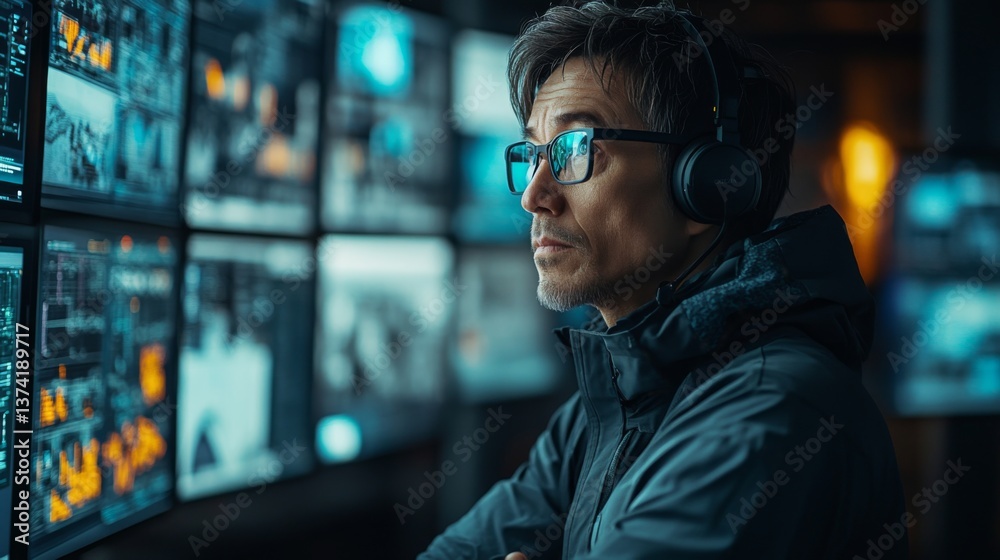 Poster a person wearing headphones and glasses is intently monitoring multiple screens displaying surveilla