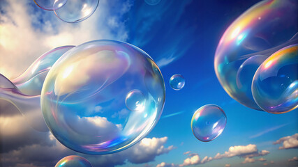 Floating soap bubbles in blue sky