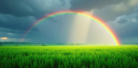 Vibrant rainbow over lush green field after rain shower,  serene,  nature