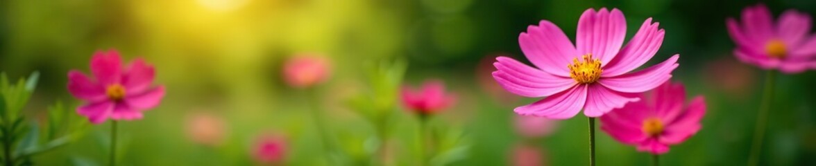 Fototapeta premium Vibrant pink Cosmos flower blossoming in a lush garden, outdoor, vibrant