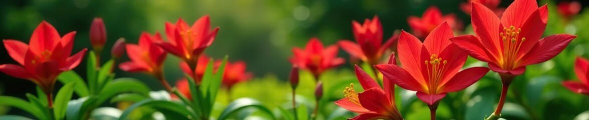 Fototapeta premium Vibrant red Alstroemeria flowers surrounded by lush green foliage in a garden setting, outdoor, flora