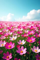 Fototapeta premium Vibrant pink cosmos flowers in full bloom covering vast field under clear blue sky, bloom, grow