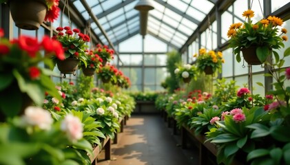 View of various hanging flowering plants in full bloom inside a lush greenhouse,  plant nursery,  plant care