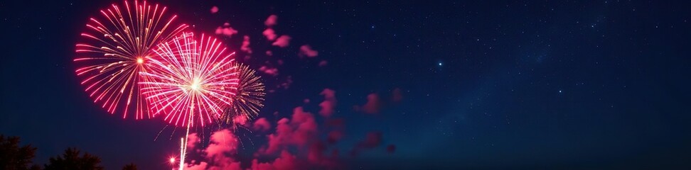 Fototapeta premium Vibrant streaks of colorful fireworks exploding in a dark sky with plenty of copy space, dark sky, decoration