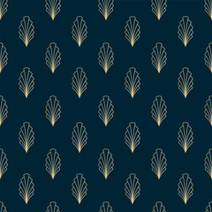 Linear elegant vintage sign seamless pattern. Dark blue backgrop of Art deco symbols. Golden decoration background. Retro geometry vector wallpaper. Use for textile design, pillow, bed linen print.