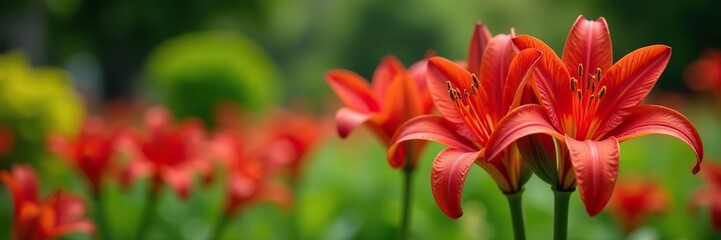Obraz premium Vibrant red Australian Gymea Lily plants blooming in full glory in a garden, garden, exotic