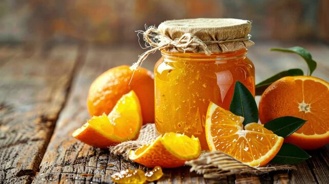Fragrant orange jam in a jar on a wooden table. Homemade preparations.
