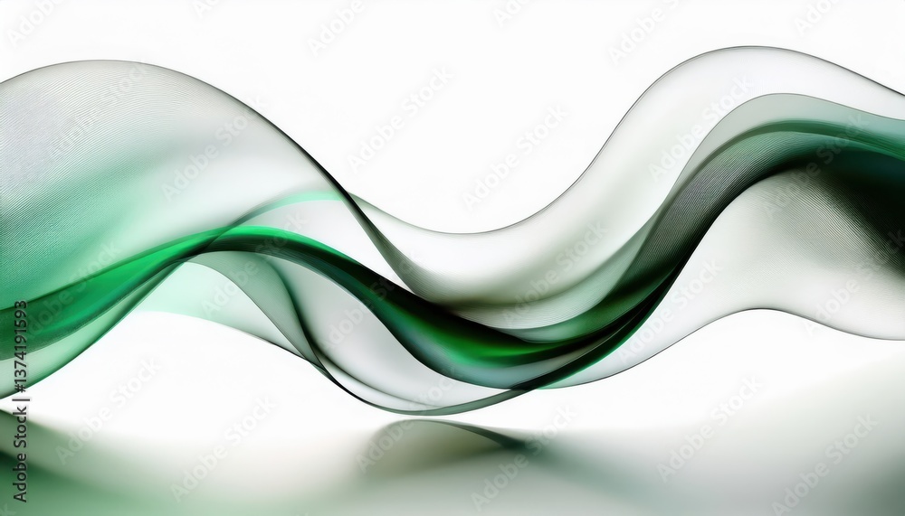 Poster abstract green flowing wave on white background, smooth curved translucent ribbon, elegant modern di