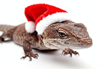 Obraz premium Lizard Wearing a Santa Hat on a White Background