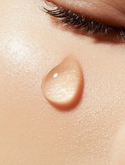 Fototapeta premium Close-up of a person's eye with long, dark eyelashes. the eye is covered in a light beige-colored liquid, which appears to be a foundation or concealer.