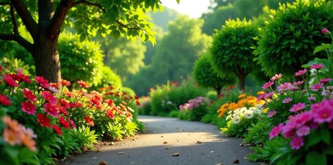 Vibrant garden with colorful flowers and lush greenery,  lush,  flowers