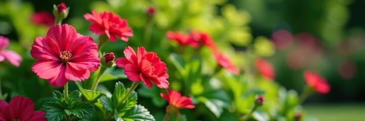 Obraz premium Vibrant geranium flowers and green foliage in a summer garden, flowers, pink