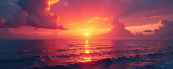 Vibrant orange and pink hues illuminate the sky as the sun sets over the tranquil ocean, casting a warm glow on the water below,  vibrant,  warm glow