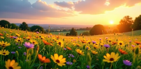 Vibrant summer meadow at sunrise with panoramic view,  blossoming,  plant