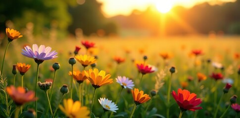 Obraz premium Vibrant summer meadow with wildflowers in golden hour sunset light, summer, meadow