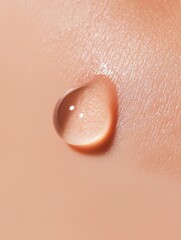 Fototapeta premium Close-up of a single drop of liquid foundation on a person's skin. the drop is in the center of the image and is a light peach color. the skin appears to be smooth and shiny, with a smooth texture.