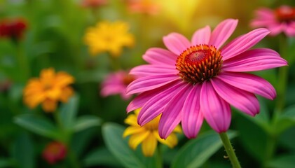 Obraz premium Vibrant Echinacea - coneflower close up in a garden setting with soft focus background, petals, nature