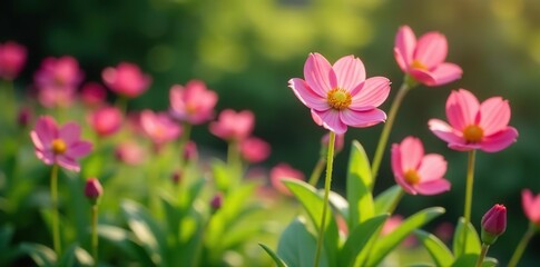 Vibrant pink impatient flowers standing out in a lush garden setting,  growth, pink