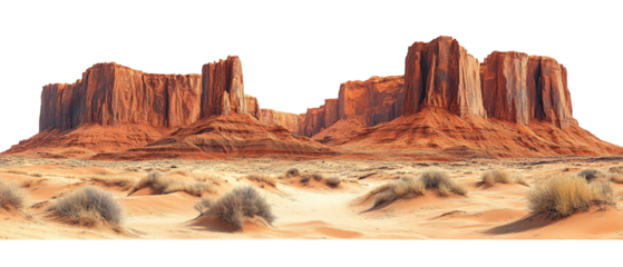 Wild West desert landscape, featuring majestic rocky plateaus rising from the arid terrainisolated on white background. Suitable for marketing or business purposes. PNG file