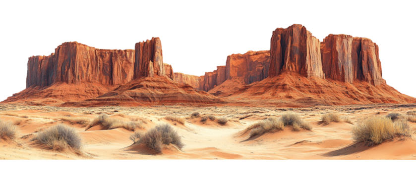 Wild West desert landscape, featuring majestic rocky plateaus rising from the arid terrainisolated on white background. Suitable for marketing or business purposes. PNG file