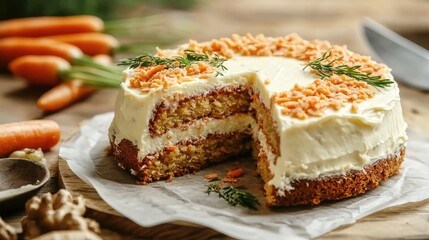 Rustic carrot cake on parchment paper. 