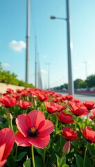 Obraz premium Vibrant red flowers blooming next to tall poles against a clear sky, outdoors, nature