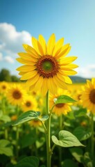 Obraz premium Vibrant sunflower standing tall in a sunlit field, showcasing its bright yellow petals and brown center, blossom, sunny