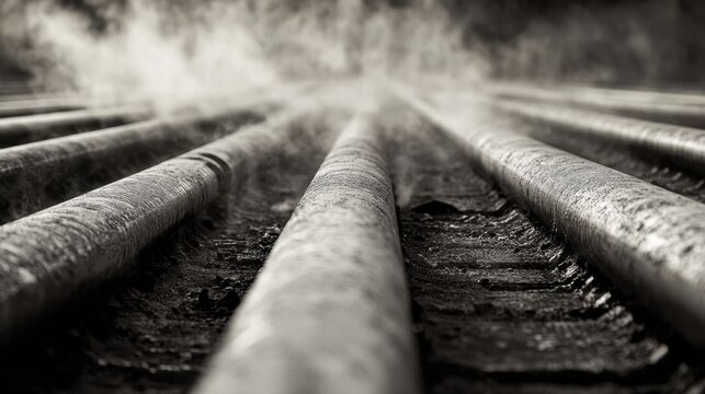 Cooling steel rods lined up in parallel as steam rises from the manufacturing process, creating a dramatic industrial effect