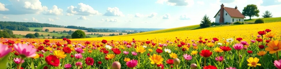Fototapeta premium Vibrant field of colorful flowers with a quaint house in the distance, rural, colorful