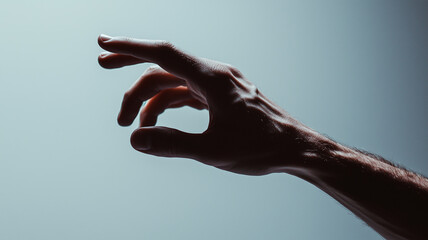 Close-up of male hand with fingers in pinching position against light blue background with side lighting on skin texture and veins