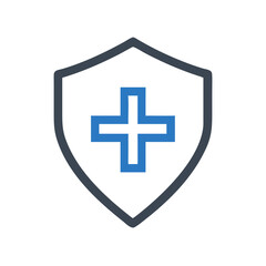 Fototapeta premium Stylized shield icon with medical cross in blue colors for health and protection themes