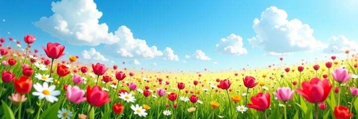 Vibrant field of flowers in full bloom beneath a cloudless blue sky,  blooms,  outdoors