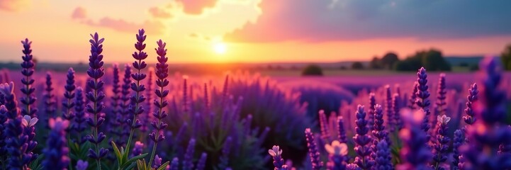 Vibrant field of purple lavender flowers at sunset,  flowers,  evening