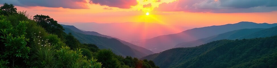 Fototapeta premium Vibrant sunrise over lush green mountains, showcasing serene nature and vivid colors, sunrise, serene