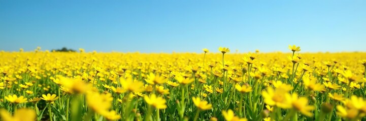 Obraz premium Vibrant field of yellow flowers stretching into the horizon under a clear blue sky, scenic, spring