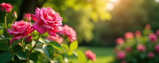 Fototapeta premium Vibrant pink roses blooming in a lush garden surrounded by green foliage and sunlight, garden, green