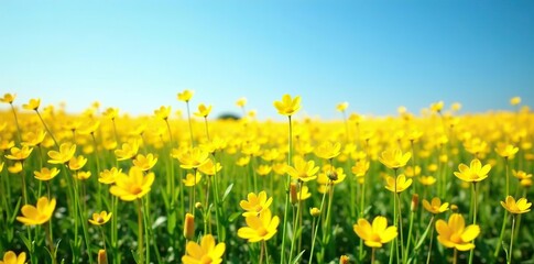 Fototapeta premium Vibrant field of yellow flowers under a clear blue sky, background, tranquil
