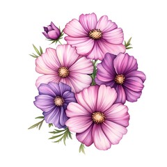 Fototapeta premium Beautiful Pink and Purple Cosmos Flowers Bouquet Illustration Watercolor Painting Floral Design