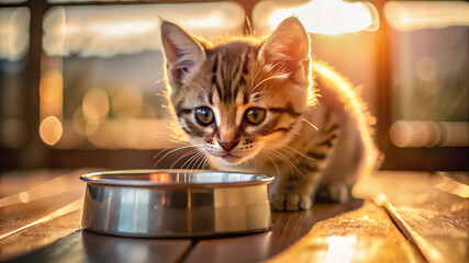 Kitten drinking from metal bowl on wooden floor