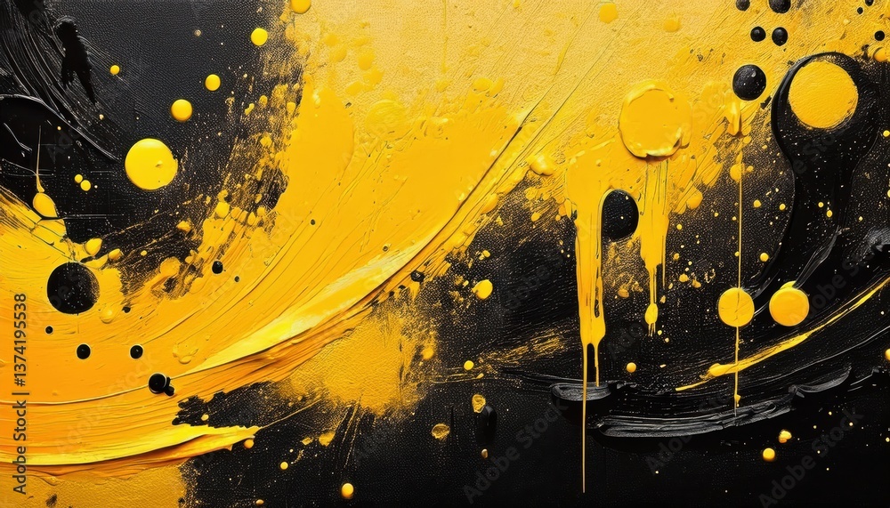 Poster vivid yellow and black abstract expressionism with dynamic paint splashes, fluid drips, and textured
