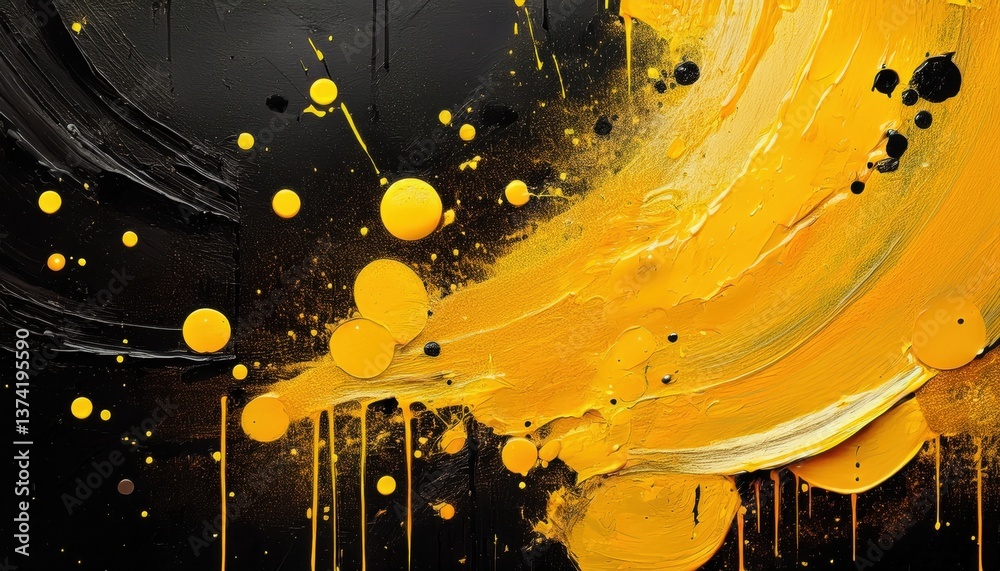 Poster vivid yellow and black abstract expressionism with dynamic paint splashes, fluid drips, and textured