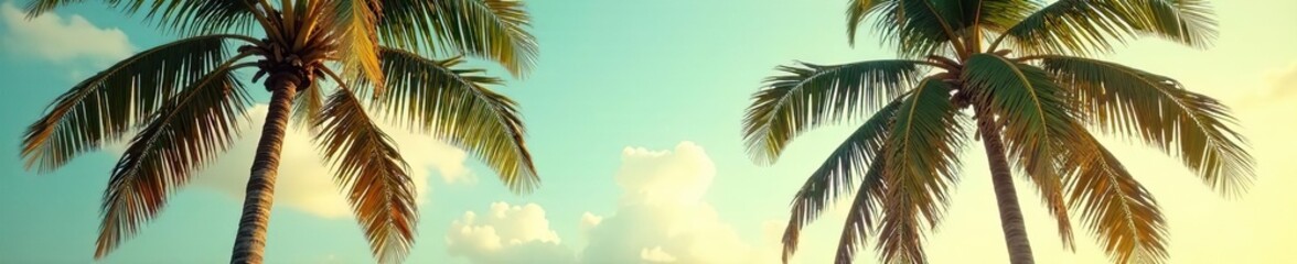 Vintage retro toned image of tropical palm trees swaying in the breeze against a beach vibe background,  tones,  scenic