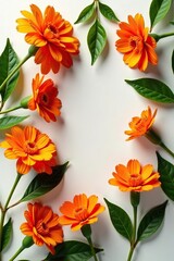 Fototapeta premium Vibrant orange flowers of the Rubiaceae family arranged in a flat lay postcard style, showcasing the local flora of Asia, orange, postcard style
