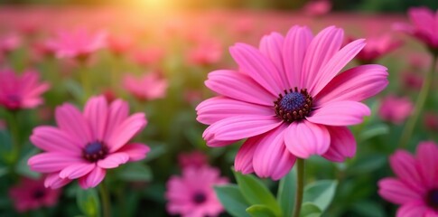 Vibrant pink summer flowers in close-up with flower-filled background,  bright,  background
